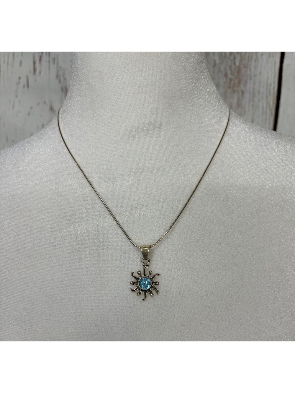 Sterling Silver 925 Celestial Sunburst Pendant Necklace with Blue Gemstone 18”